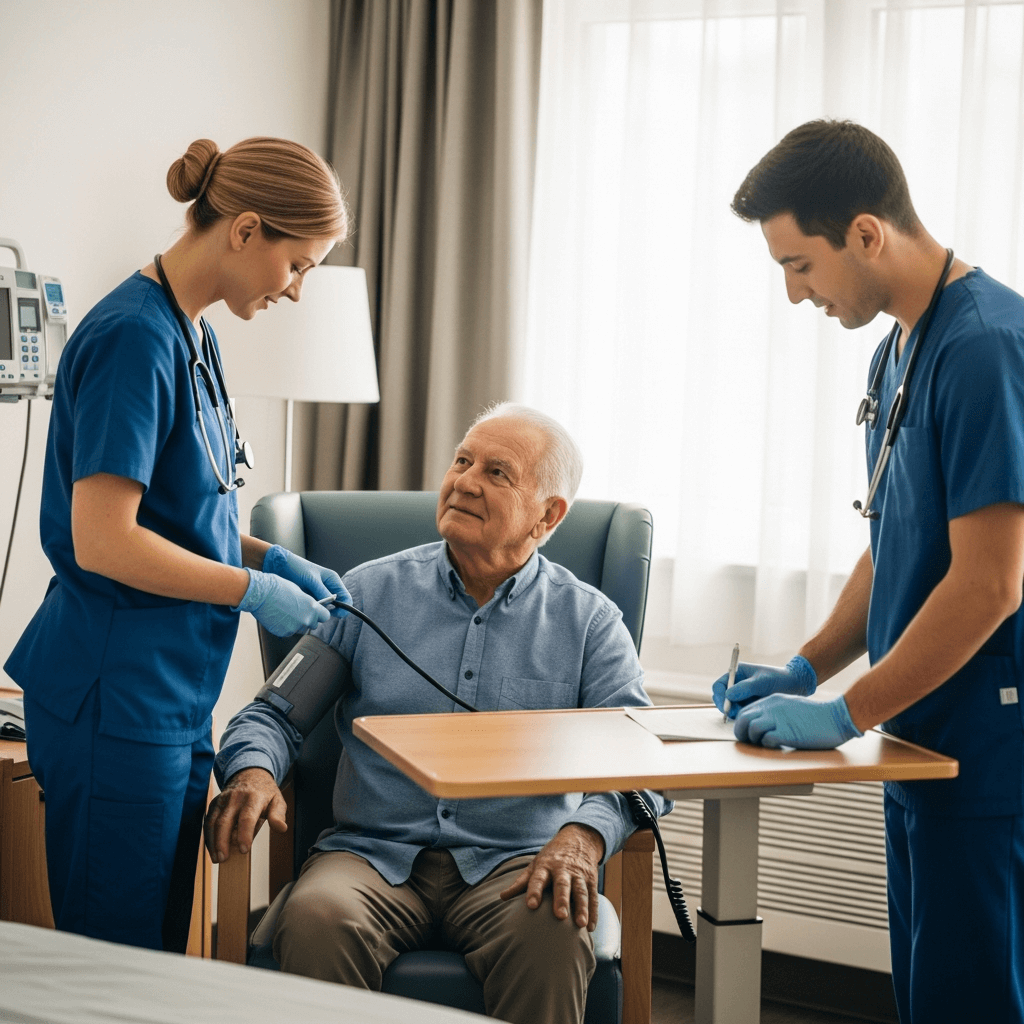 Nursing staff caring for a senior resident